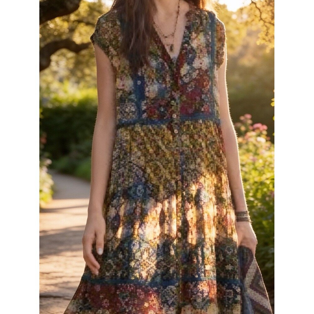 Sundance Mixed Patchwork Sheer Boho Button Mini Dress SZ XS Petite